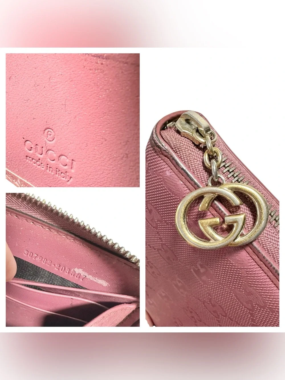 Gucci Pink GG Monogram Leather & Gold Large Zippy Zip Around Wallet